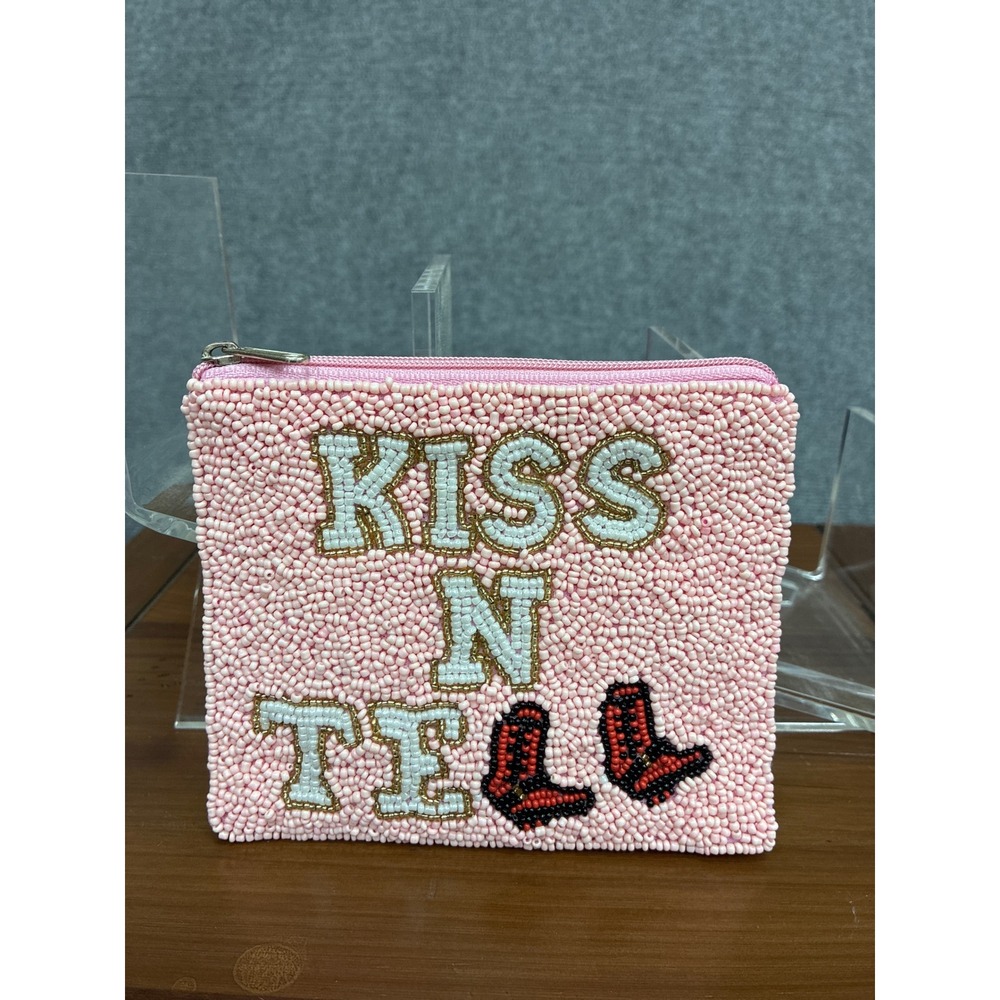 Shirdee Pink Beaded Kiss N Tell Cowboy Boots Coin Purse Zip Pouch Wallet